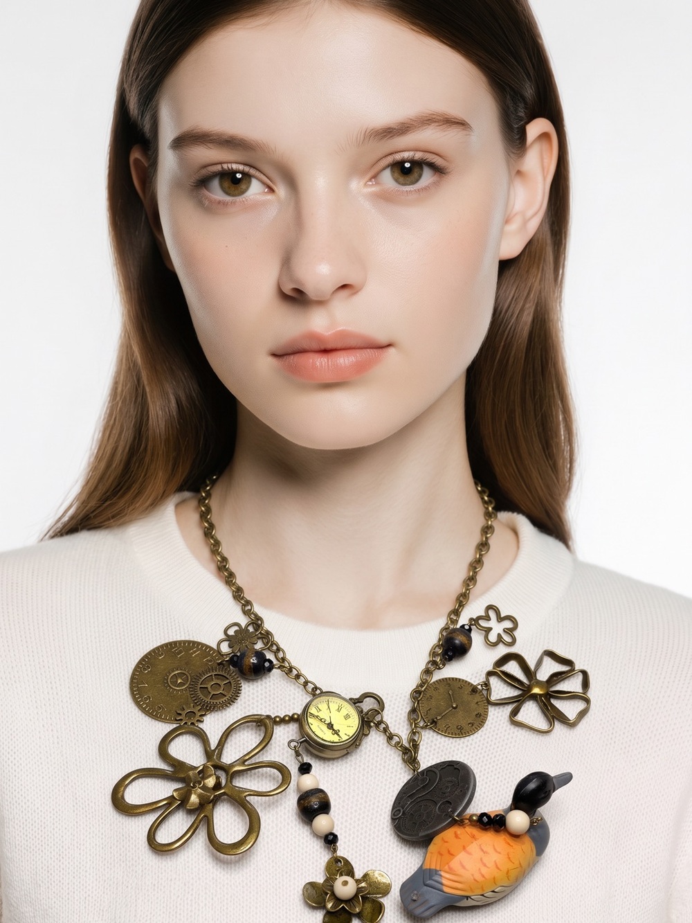 Vintage-Inspired Brass Flower Duck Watch Charm Necklace